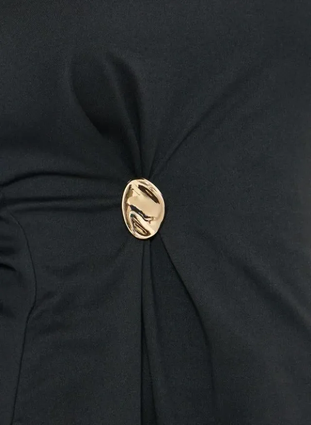 Women's Black Asymmetric Wrap Top with Button Detail – image 2