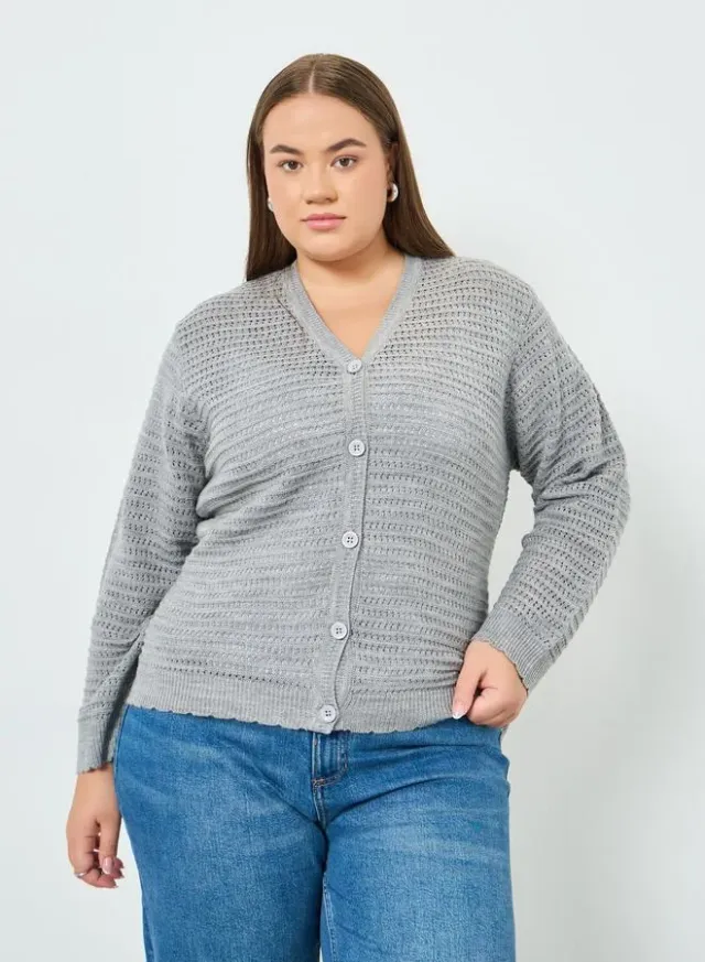 Plus Size Grey Acrylic Knitted Cardigan with Buttons – image 3
