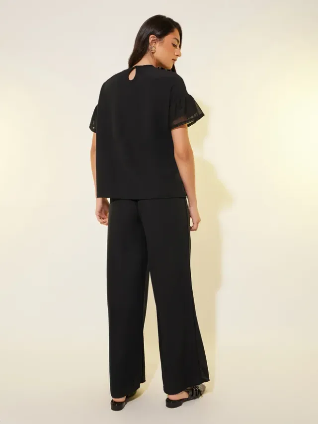 Women's Black Solid Mesh Top and Pants Co-Ord Set – image 5