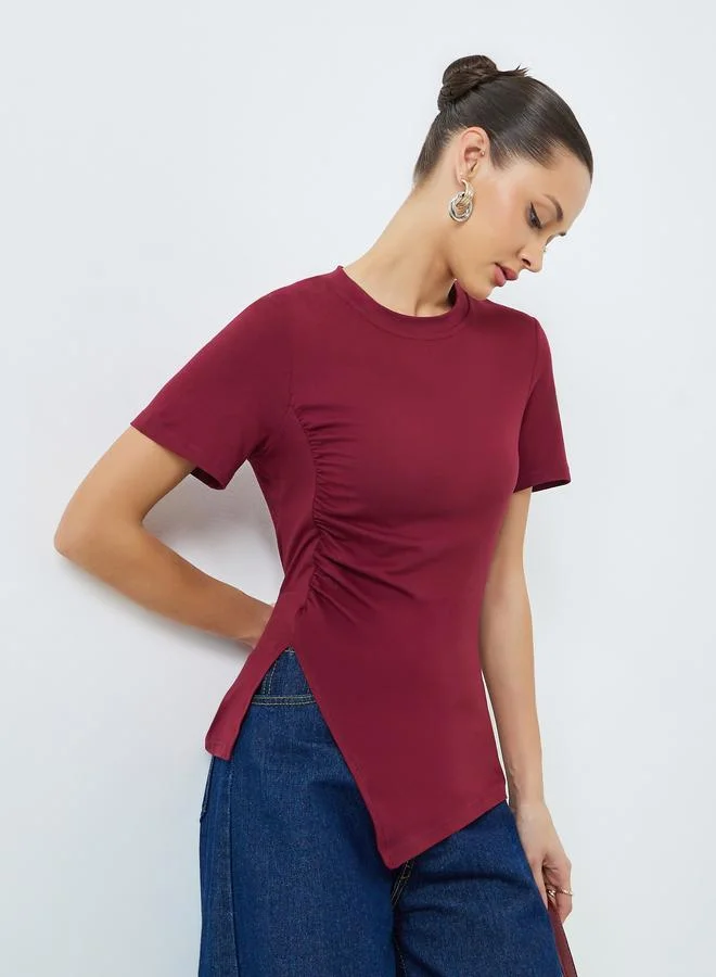 Asymmetrical Hem T-Shirt Burgundy