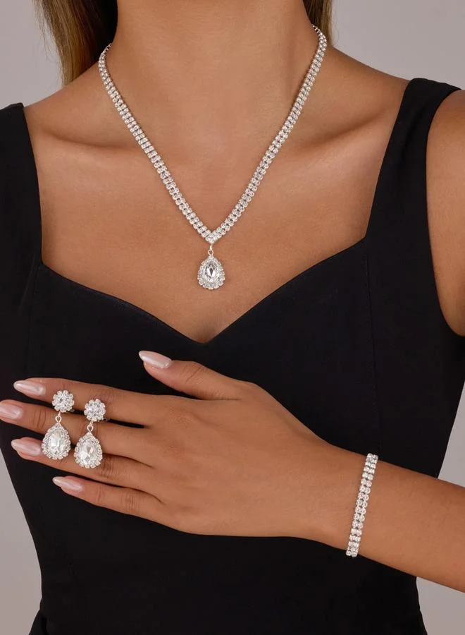 Pack of 3 - Silver Crystal Necklace with Bracelet and Earrings