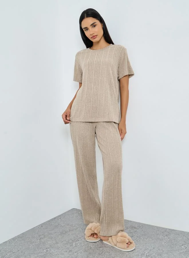 Melange Brushed Ribbed Pyjama Set Beige