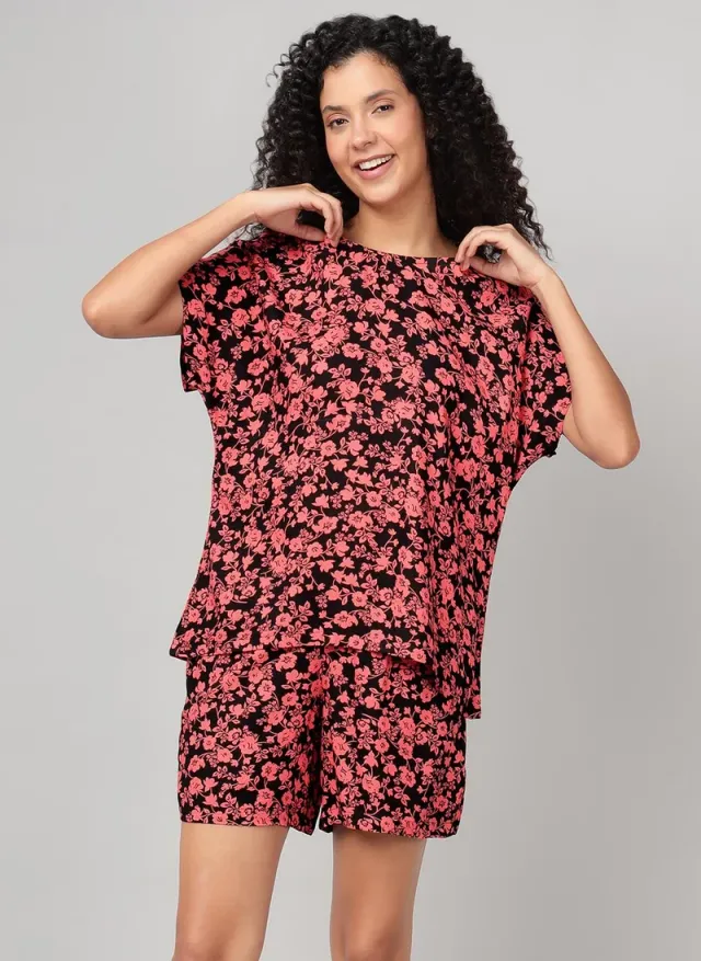Clovia Floral Print Rayon Top & Shorts Set Black – image 4