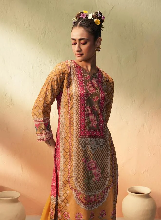 Women's Printed Chinon Kurta Palazzo Set Mustard