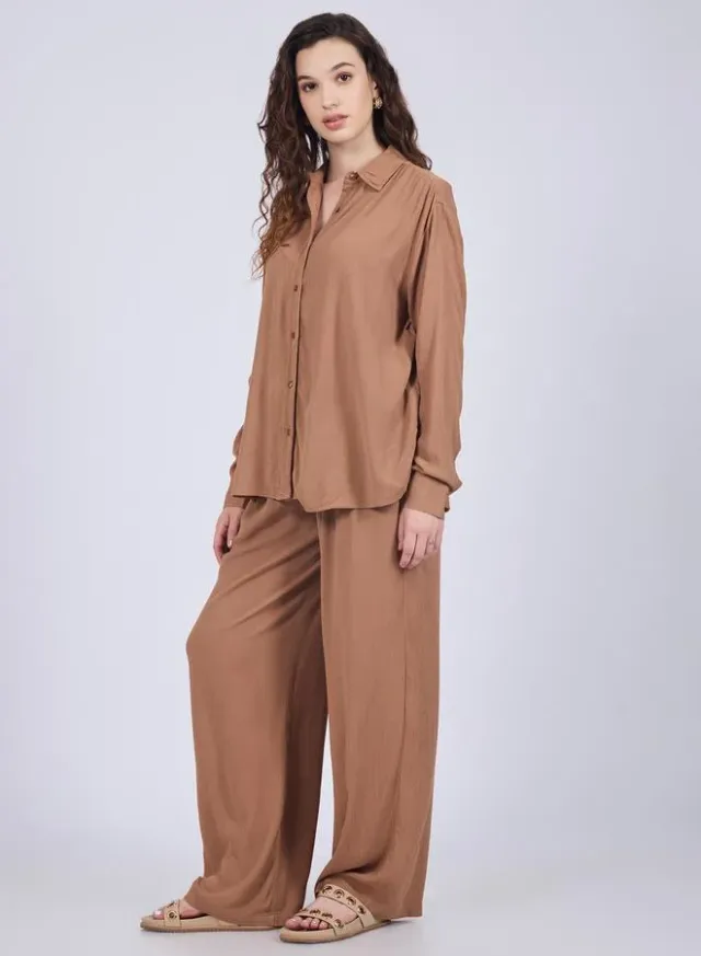 Brown Relaxed Fit Collared Shirt and High-Rise Pants Co-Ords – image 2