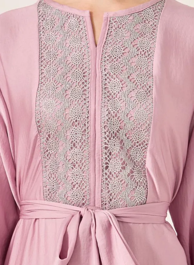 Pale Rose Satin Jalabyia with Lace Insert and Notch Neck – image 4