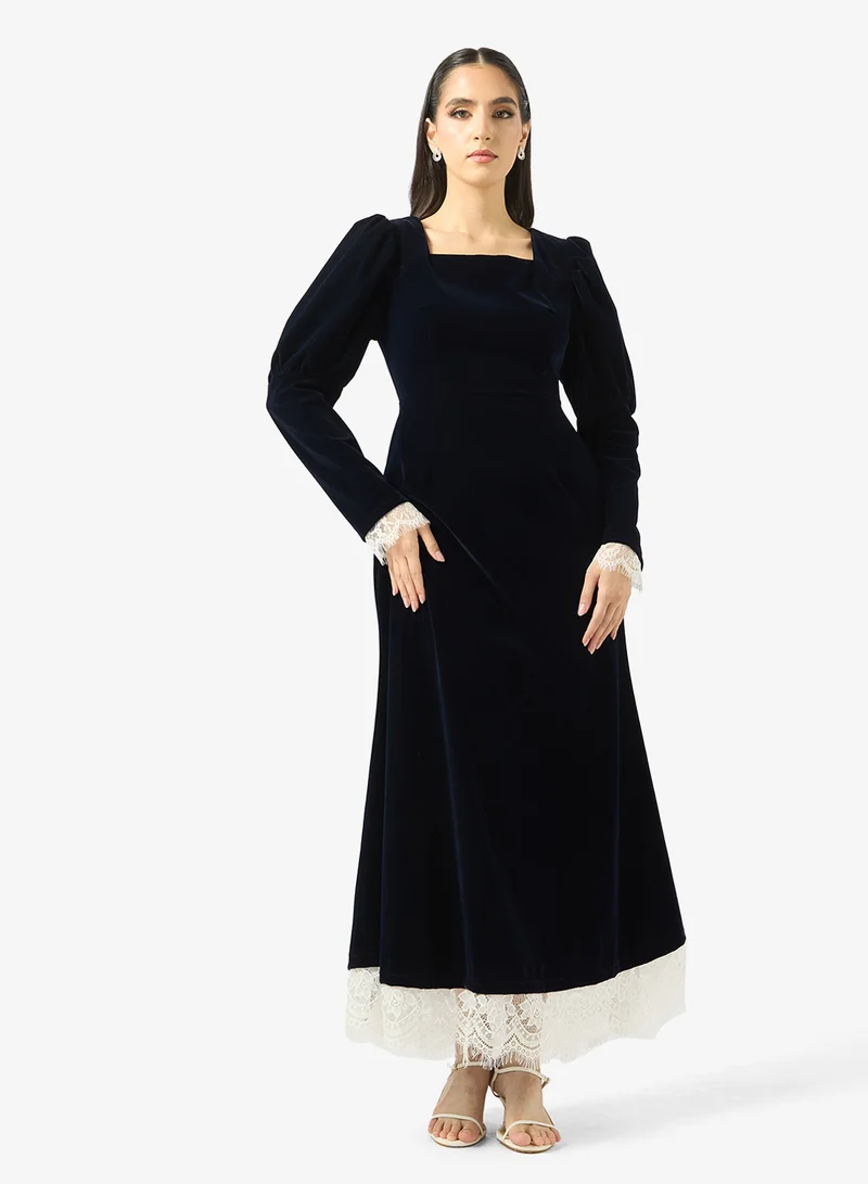Lace Trim A-Line Dress - Black