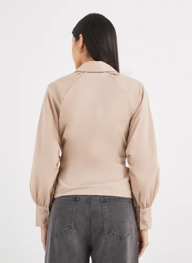Lace-Up Raglan Sleeve Shirt Beige – image 4