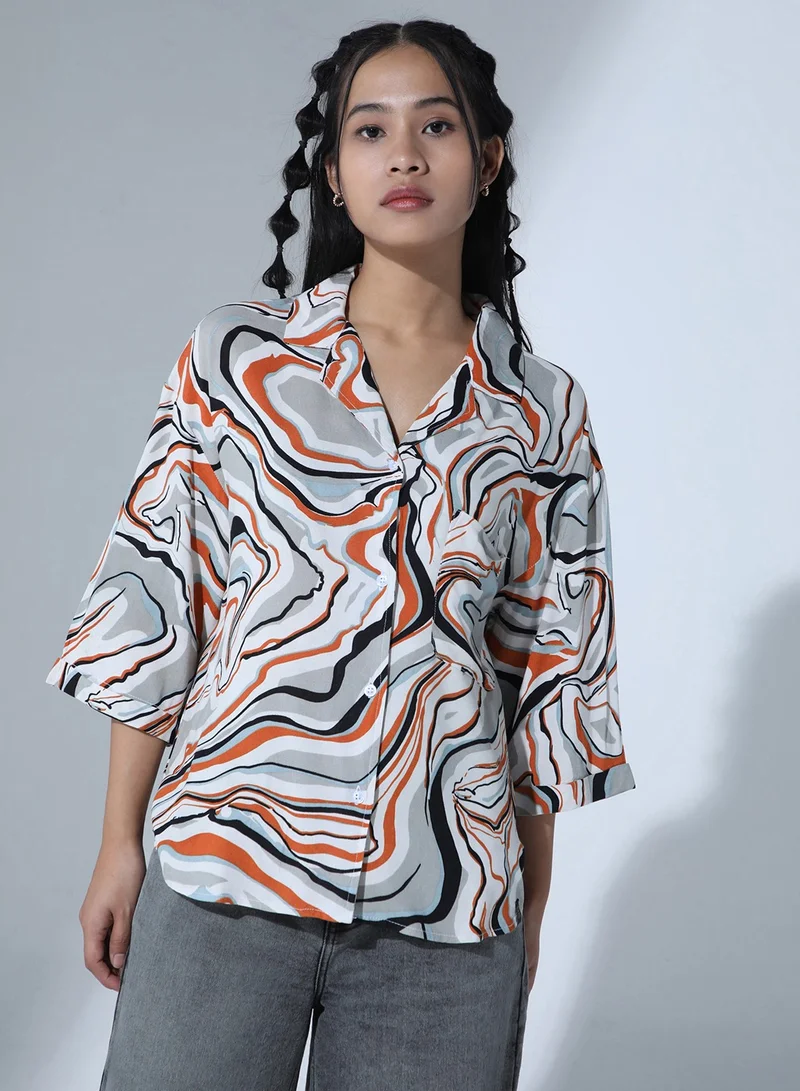 Multicolor Abstract Print Oversized Party Shirt for Women, Spread Collar