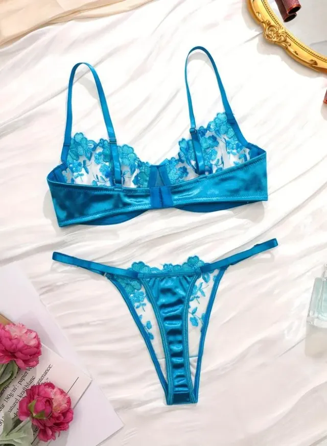 Floral Embroidered Mesh Bra and Brief Set Blue – image 2