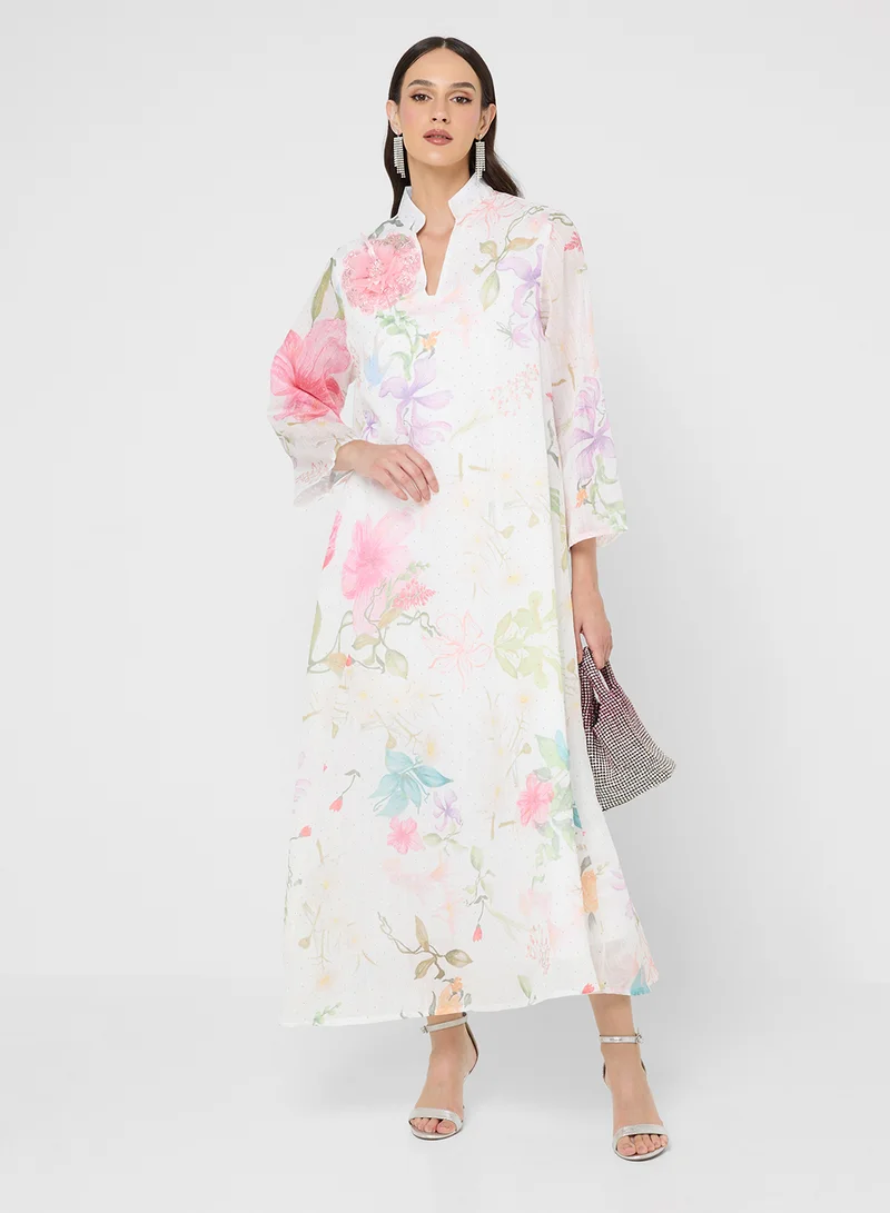 Floral Print Jalabiya White