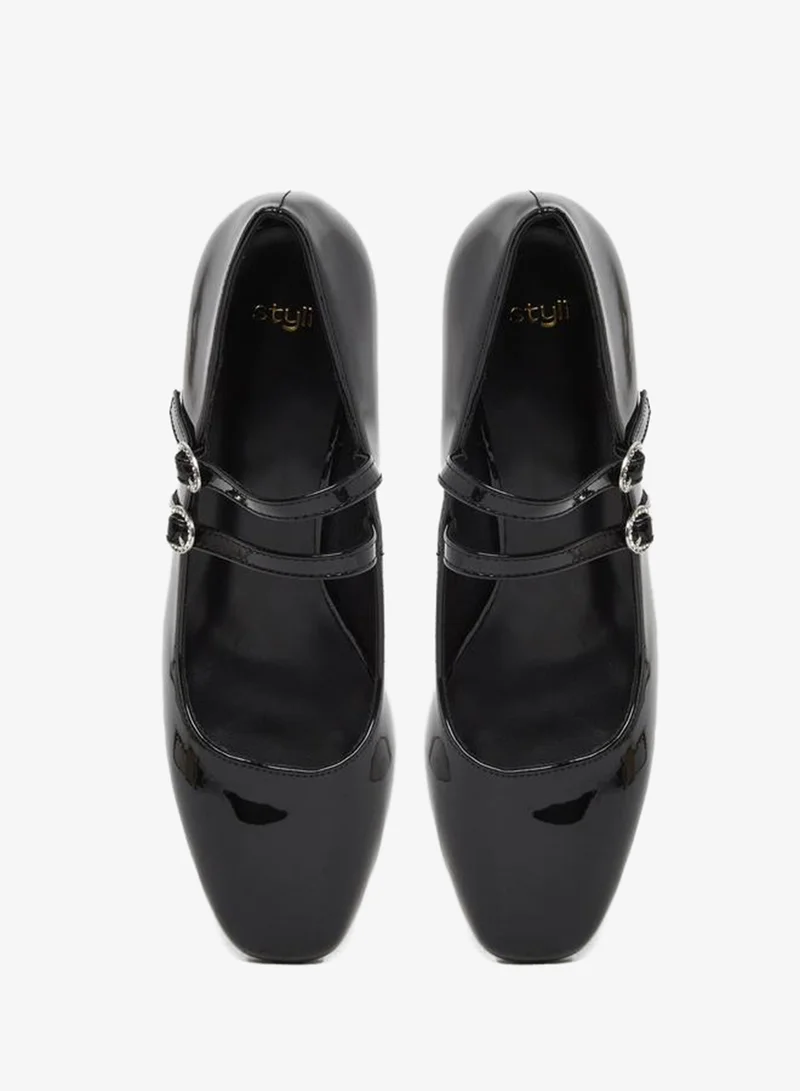 Black PU Block Heel Mary Jane Shoes with Buckle Closure