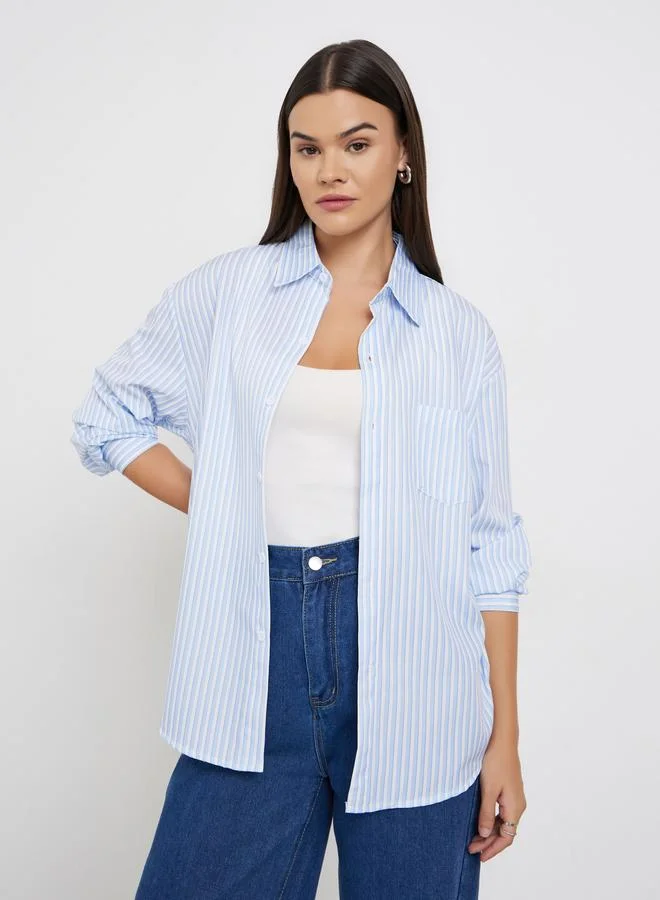 Striped Oversized Long Sleeve Shirt Blue