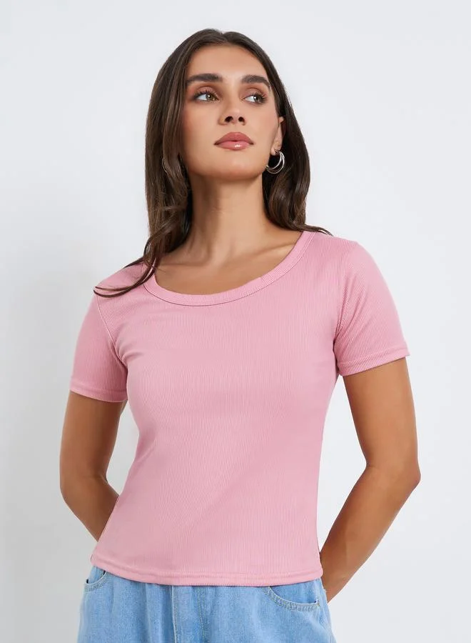 Women's Ribbed Knit Short Sleeve Top Pink