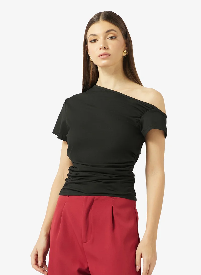 Asymmetric Neck Fitted Top Black