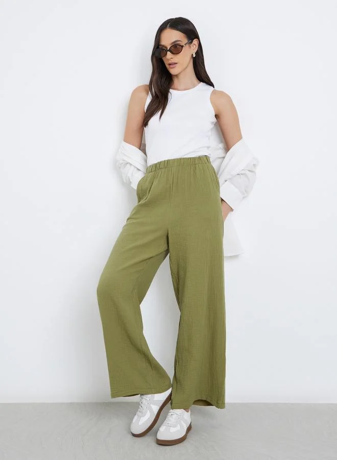 Styli Women Double Gauze Wide Leg Pants Olive