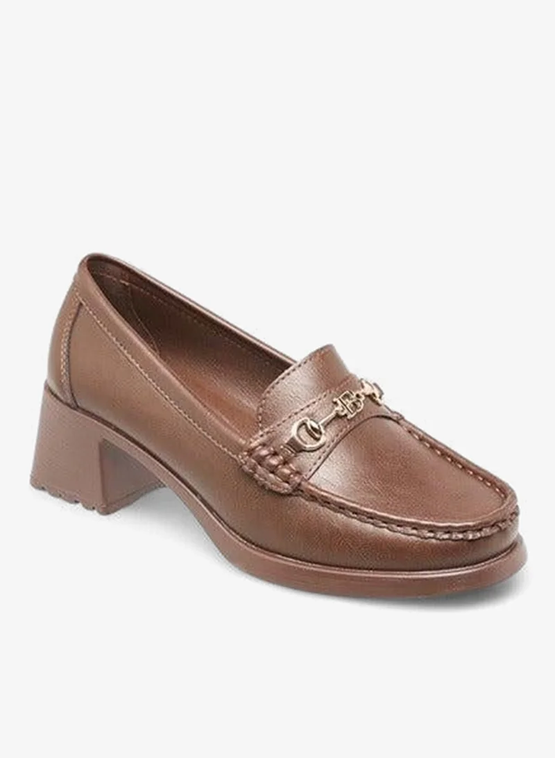 Metal Accent Block Heel Loafers Brown