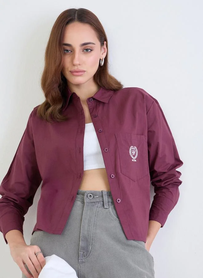 Styli Long Sleeve Boxy Crop Shirt Burgundy