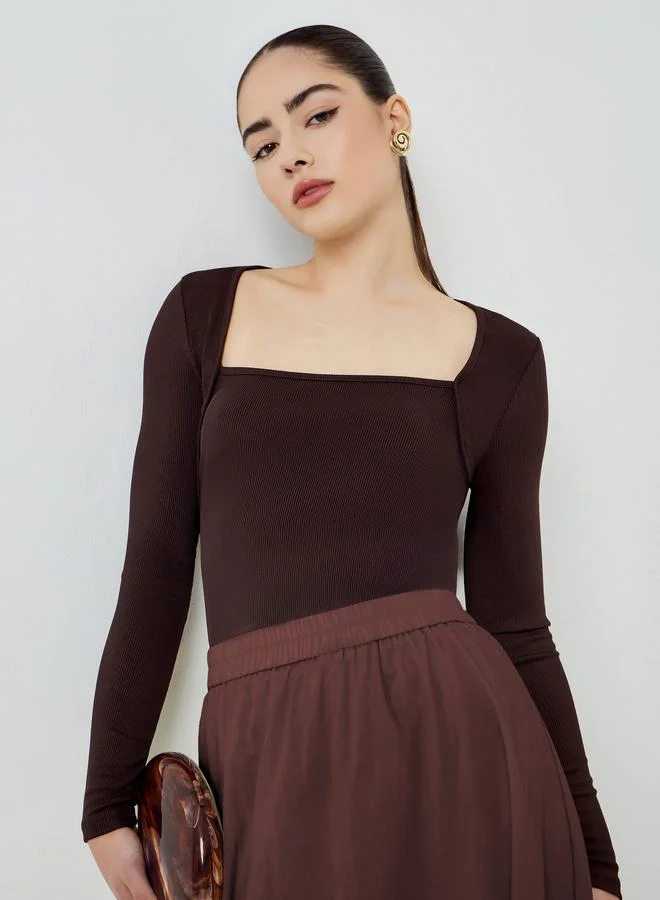 Square Neck Long Sleeve Knit Top Brown