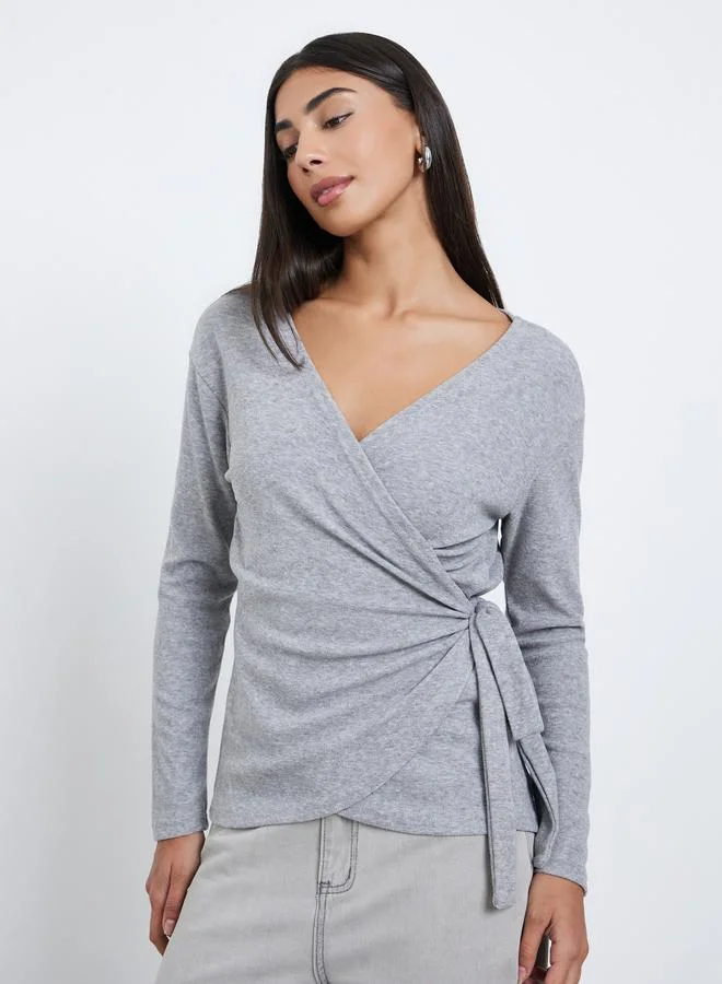 Styli Long Sleeve Wrap Knit Top Grey