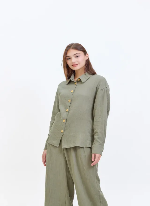 Textured Muslin Suit Olive Green – image 3