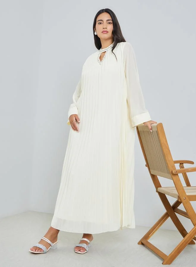 Embellished Pleated Maxi Dress Beige