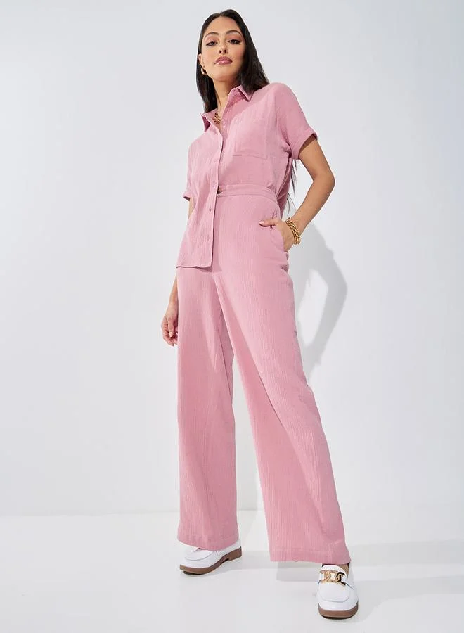 High Rise Wide Leg Textured Trousers Light Pink