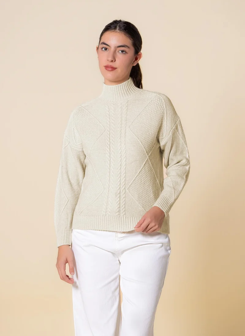 Cable Knit High Neck Sweater Light Beige