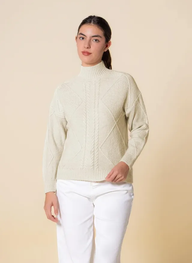 Cable Knit High Neck Sweater Light Beige
