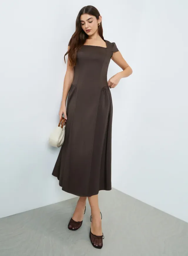 Square Neck A-Line Midi Dress Brown – image 5