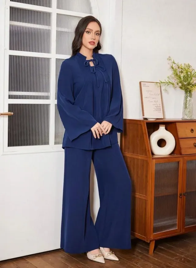 Tie-Neck Ruffle Top & Wide Leg Pants Set Navy Blue – image 5