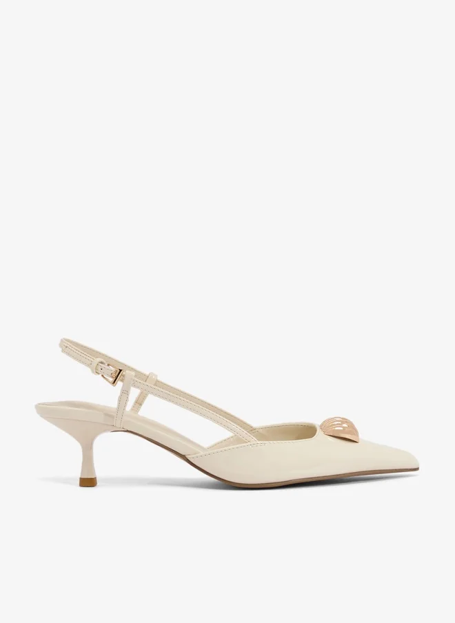 Gold Accent Open Back Mid Heel Pump White