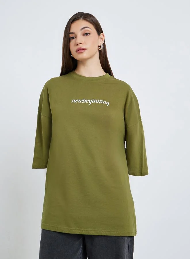 Women's Oversized Slogan Print T-Shirt Olive
