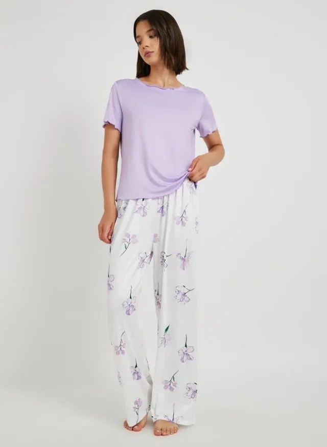 Lettuce Edge Floral T-Shirt and Pyjama Set Pale Lavender