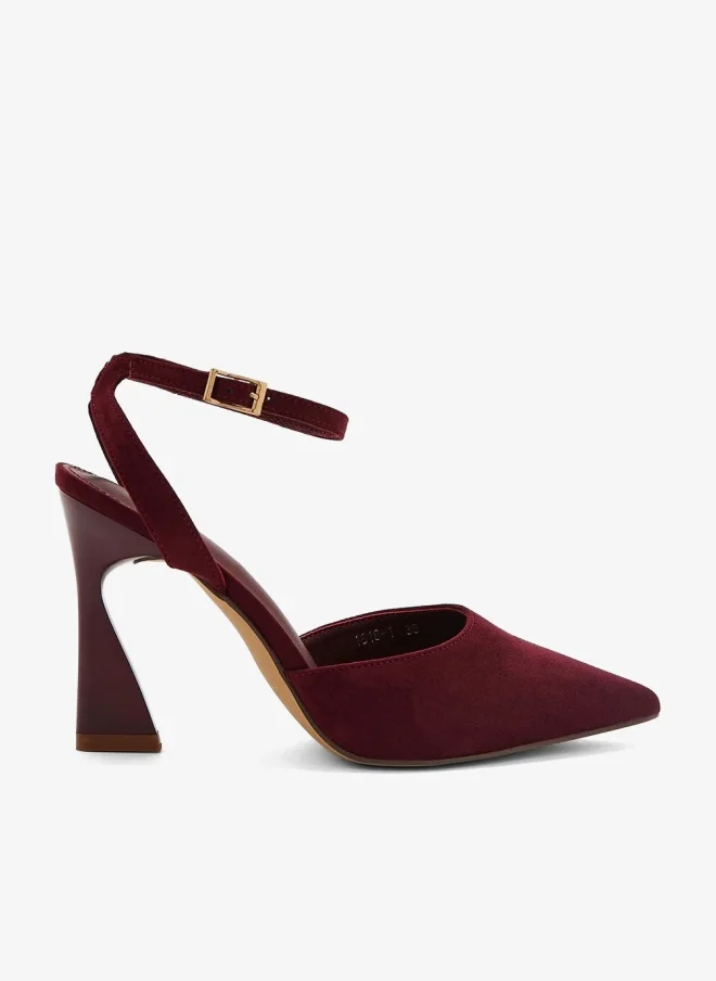 Faux Suede Ankle Strap Pointed Pumps Burgundy
