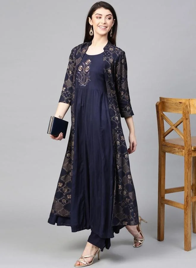 Ishin Printed Kurta Palazzo Jacket Set Blue