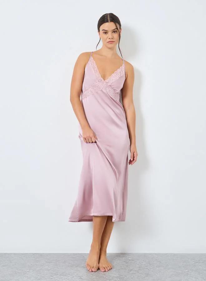 Styli Lace Trim Satin Slip Dress Pink