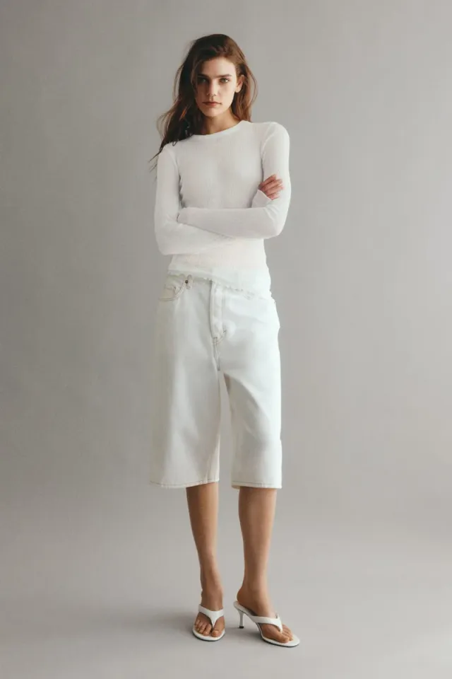 White High-Waist Knee-Length Denim Shorts with Button Fly