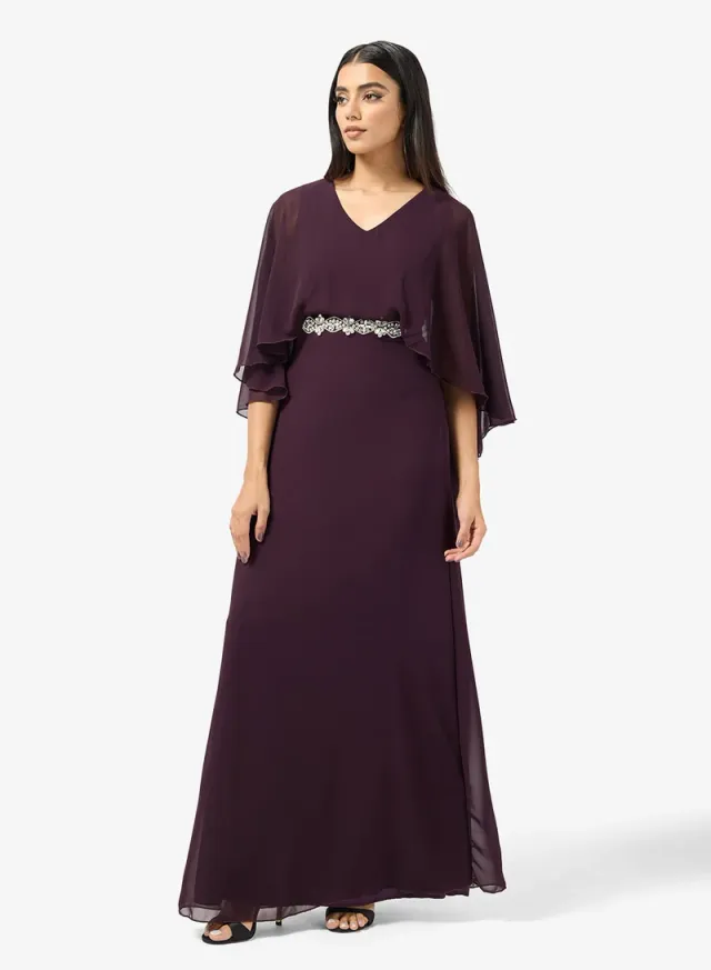 Plum Maxi Fit & Flare Dress with Cape and Embellishments – image 4