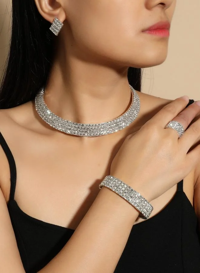 Women Rhinestone Necklace with Bracelet and Ring with Earrings Set