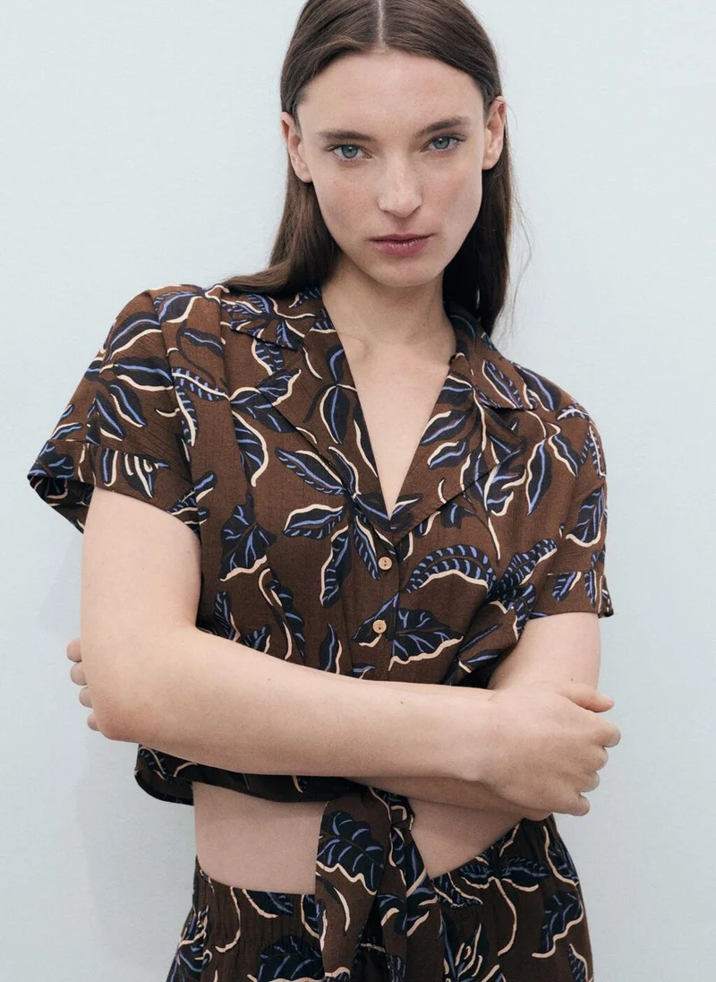 Printed Knot Crop Shirt Brown