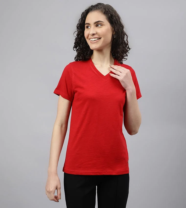 Solid V-Neck T-Shirt Red
