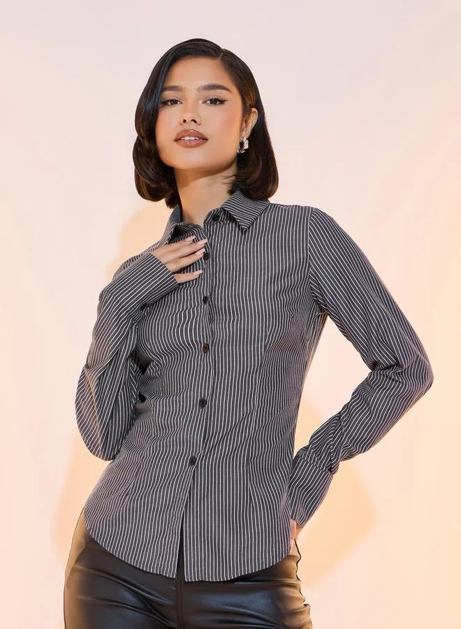 Striped Regular Fit Long Sleeve Shirt Charcoal Gray