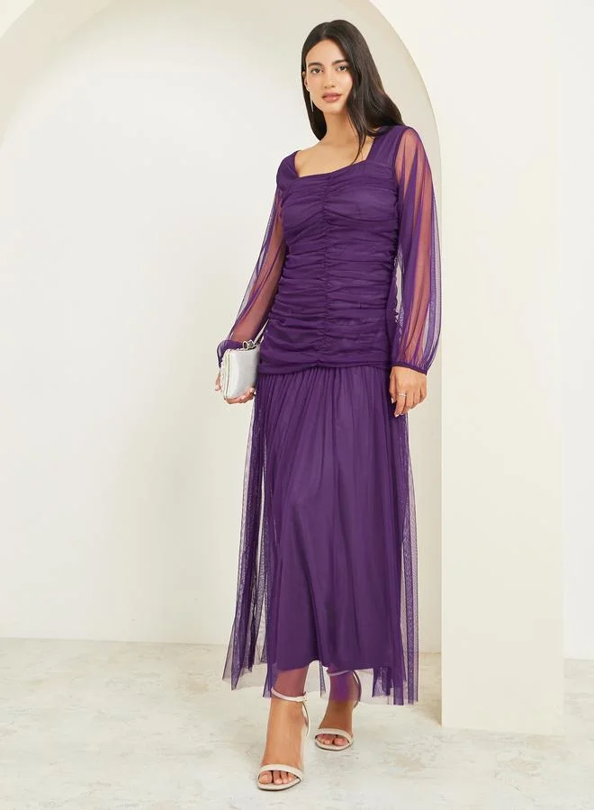 Mesh Gathered Long Sleeve Maxi Dress Purple