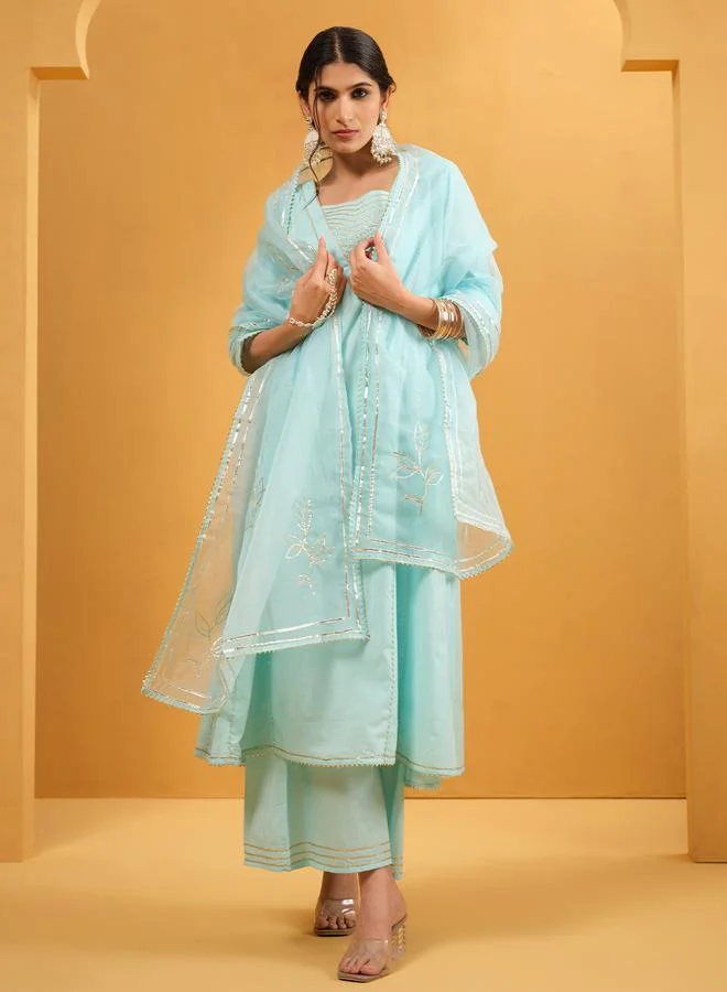Women's Embellished Cotton A-Line Kurta Palazzo Set Sky Blue