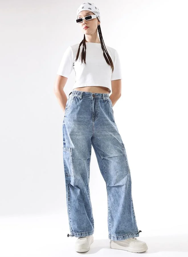Women's Baggy High-Rise Parachute Cargo Jeans Blue