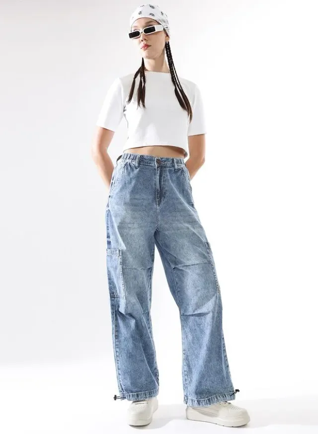 Women's Baggy High-Rise Parachute Cargo Jeans Blue