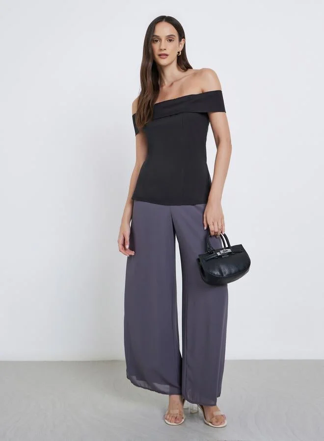 Styli Off Shoulder Side Slit Blouse Black