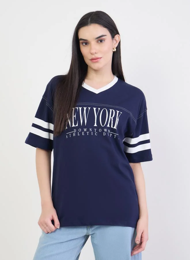 Graphic Print Oversized T-Shirt Deep Navy Blue