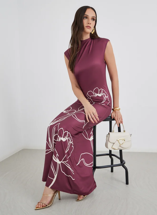 Styli Floral Print Sleeveless Bodycon Maxi Dress Burgundy